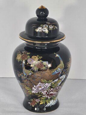 Japanese Porcelain Lidded Vase Ginger Jar Glossy Black Gold Trim Hand Painted